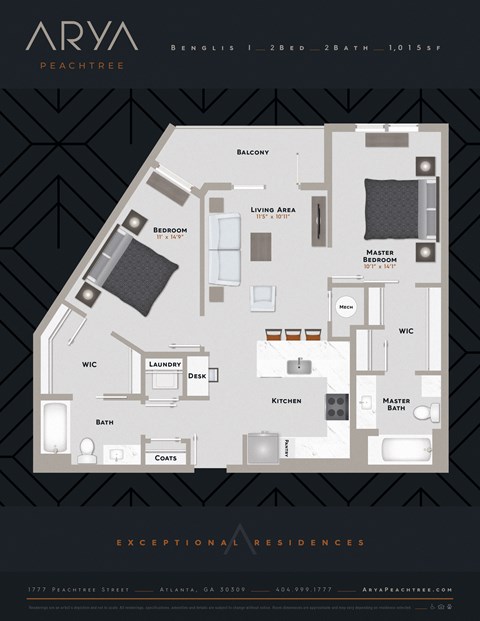 Two Bedroom Two Bath Benglis 1 floor plan at Arya Peachtree, Atlanta, GA, 30309